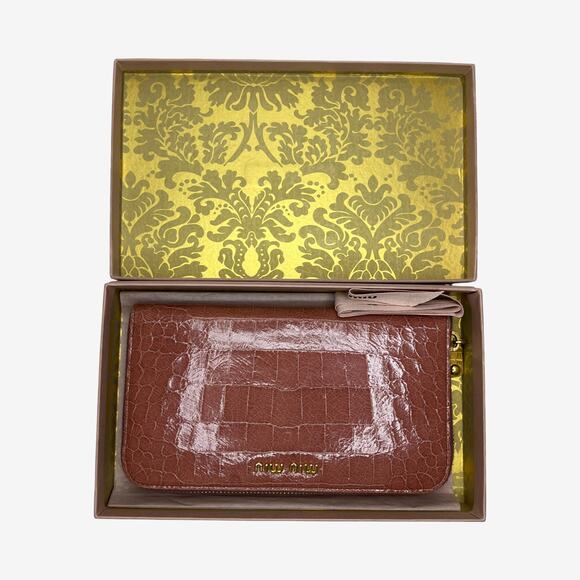 Miu Miu Croc Embossed Leather Zip Around Wallet Blush Pink Box Made In Italy - Picture 4 of 16